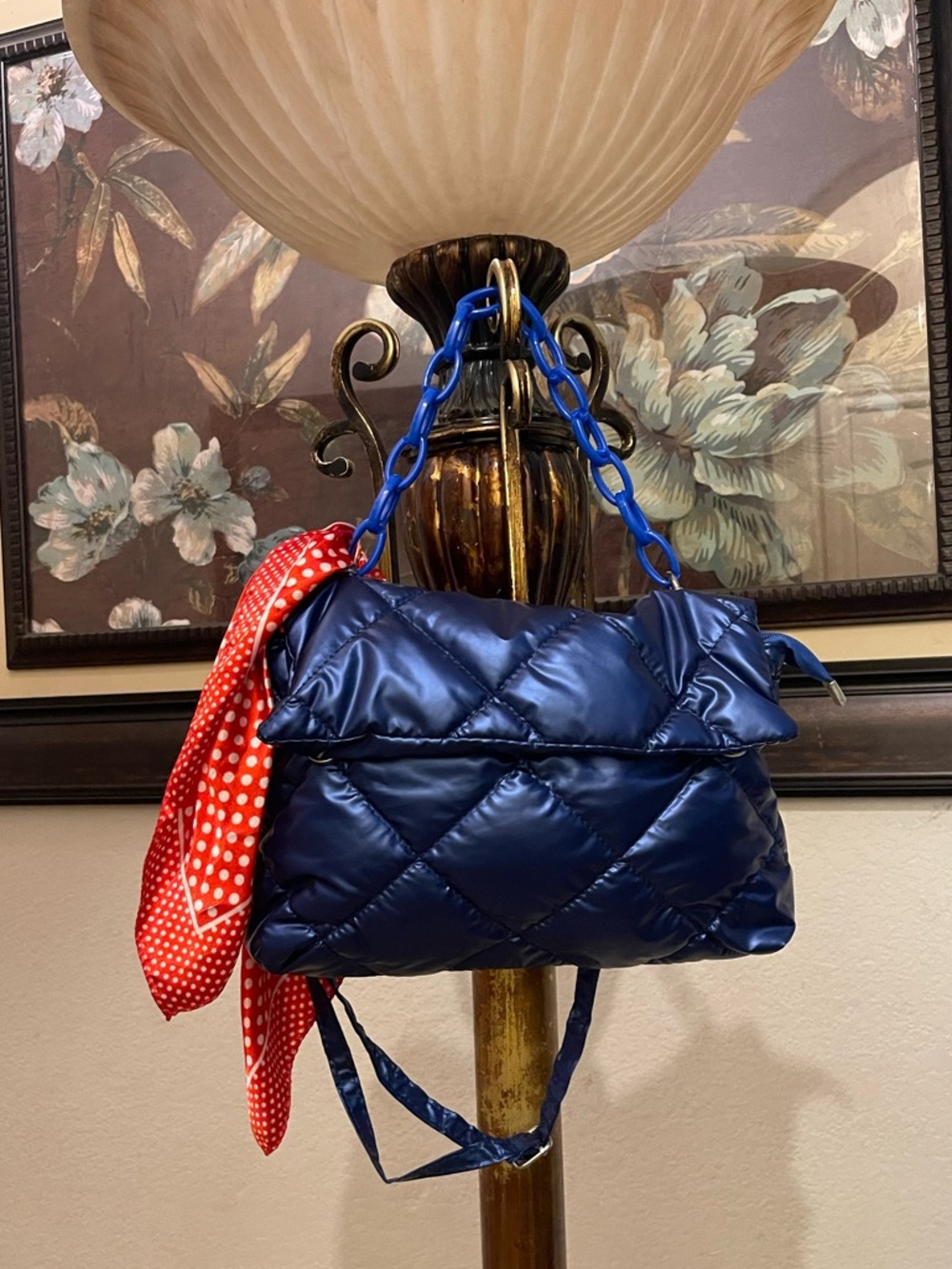 Quilted Navy Shoulder Bag with Chain Handle - Picture 4 of 16